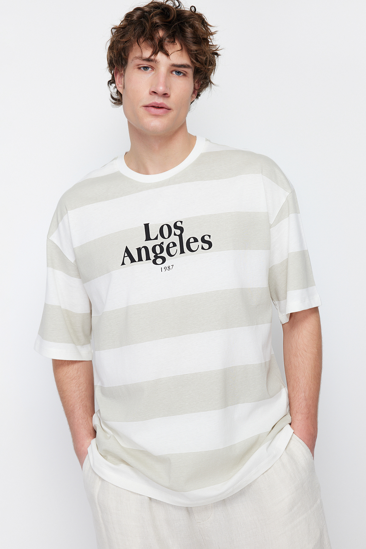 Trendyol Stone Men's Oversize Striped City Printed 100% Cotton T-Shirt