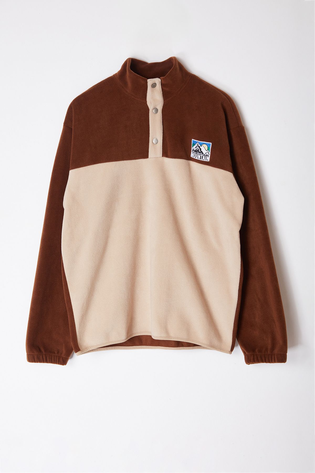 Trendyol Brown Oversize/Wide Cut Color Blocked Labeled Fleece Sweatshirt