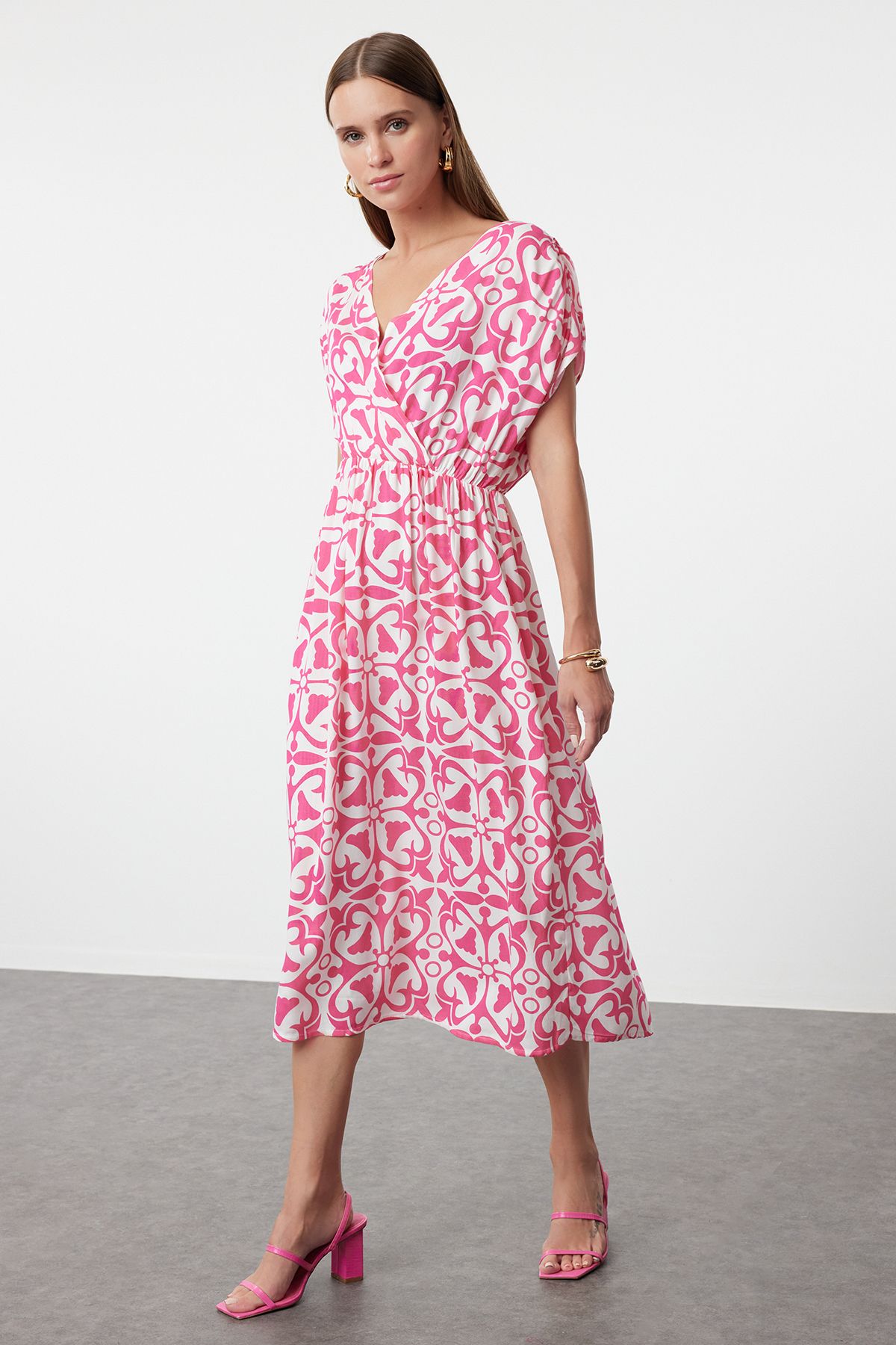 Trendyol Pink Patterned A-Line Double Breasted Neck Midi Viscose Woven Dress