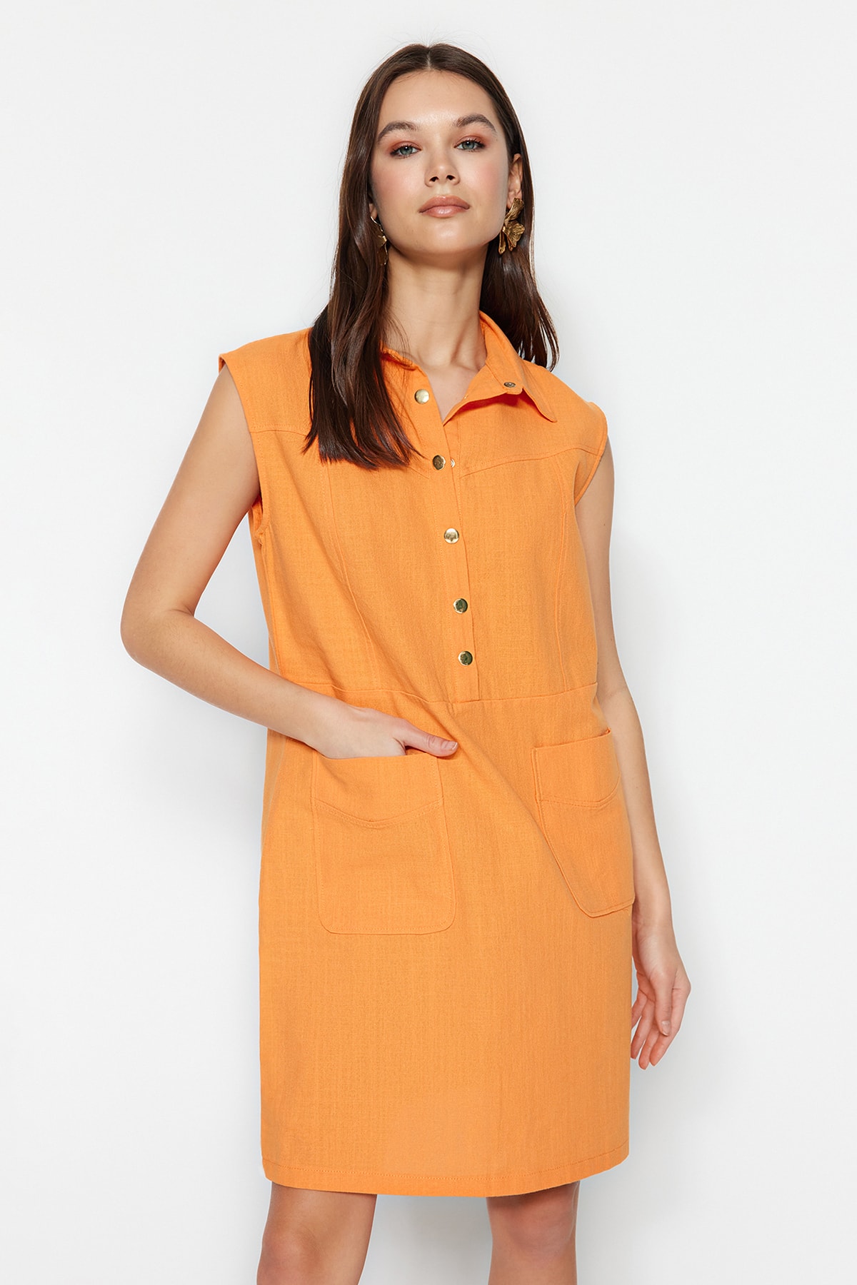 Trendyol Orange Straight Cut Pocket Shirt Collar Mini Woven Linen Look Dress