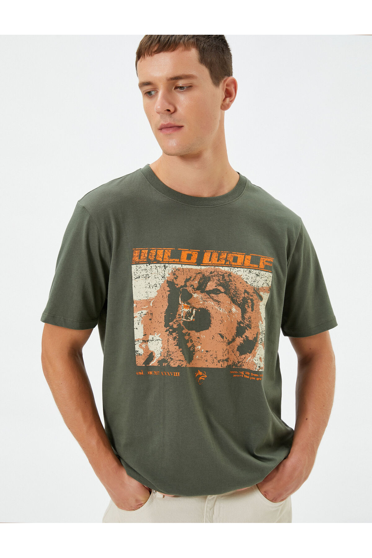 Koton Wolf Printed T-Shirt Slogan Crew Neck Short Sleeve Cotton