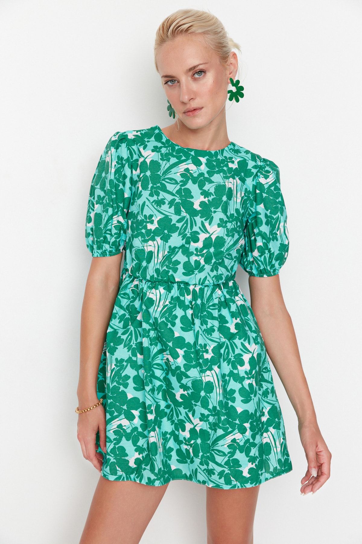 Trendyol Green țesut floral spate detaliu mini rochie țesută