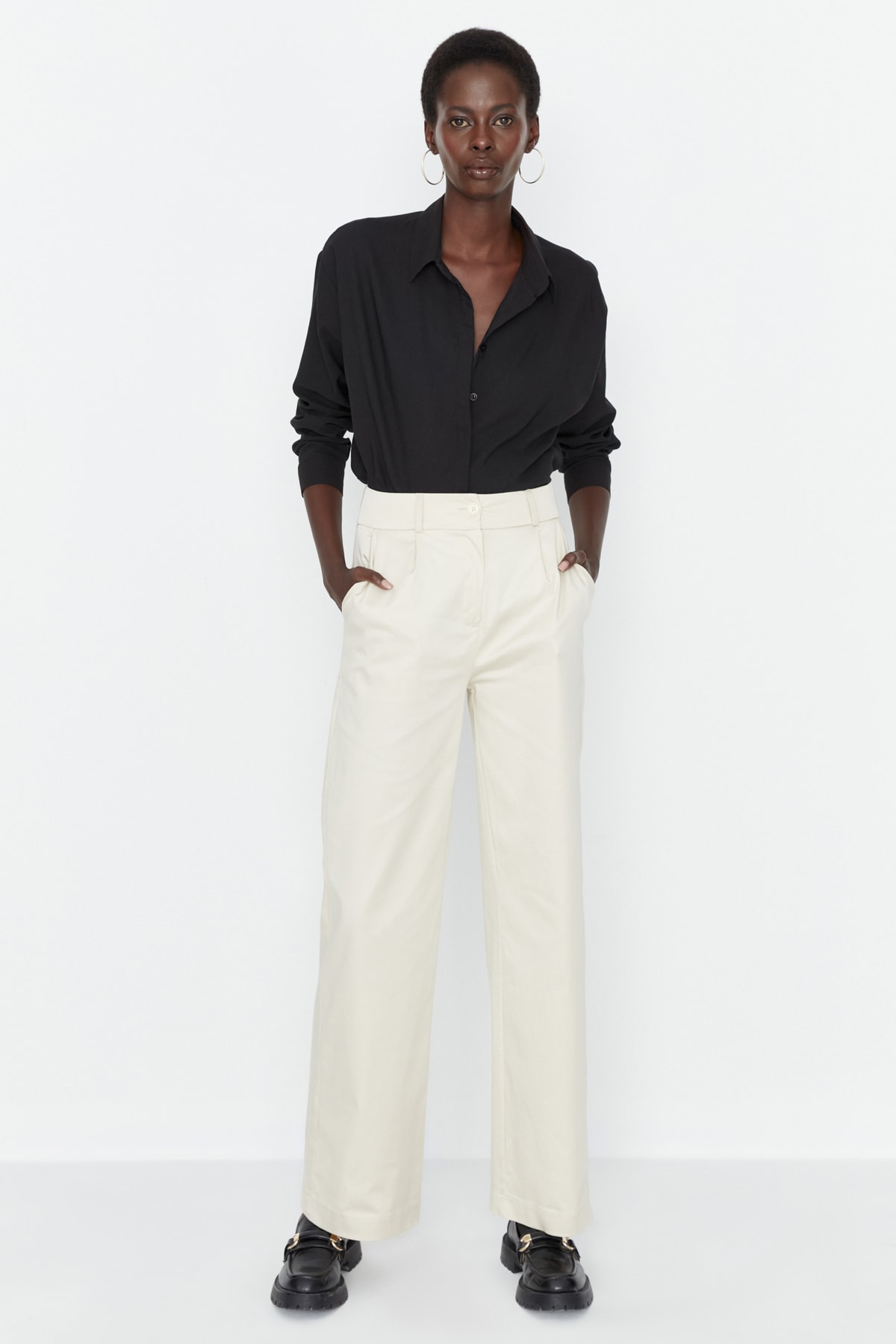 Trendyol Beige Wide Leg Weave High Waist Trousers