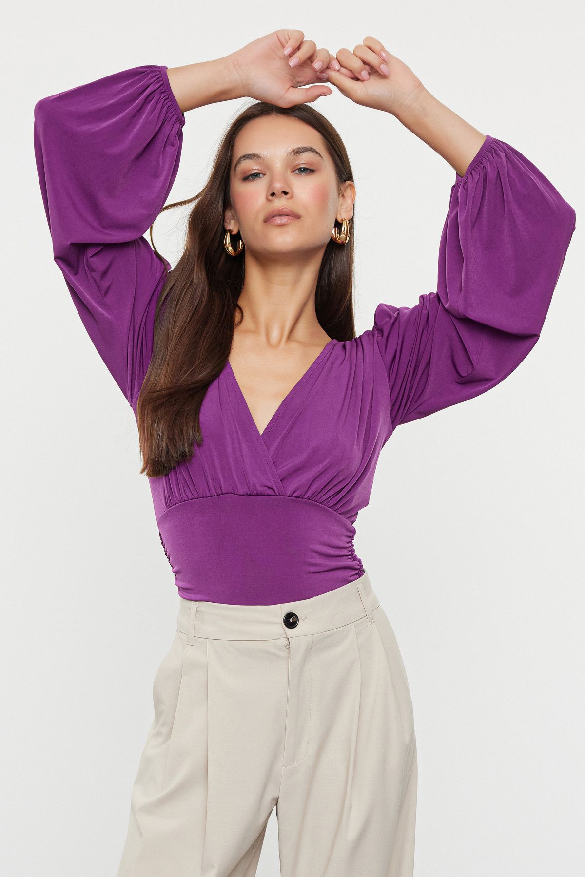 Trendyol Plum Double Breasted Gathering/Drape Detailed Long Sleeve Stretchy Knitted Blouse