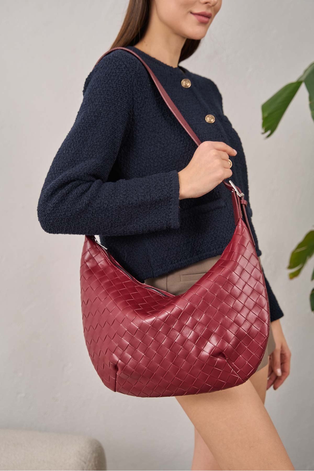 Levně Madamra Burgundy Women's Knitted Patterned Big Bag