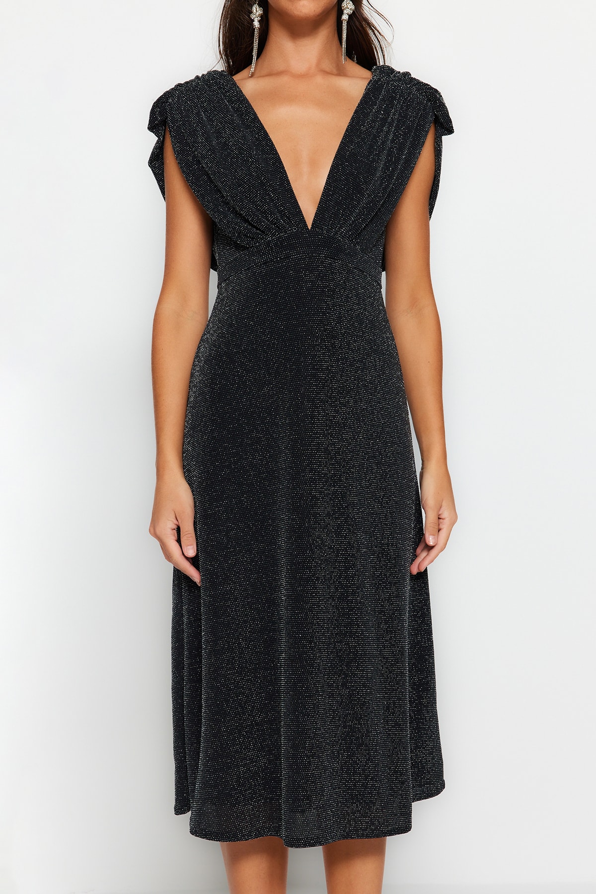 Trendyol Antracit talie deschisă / patinator căptușit rochie de seară strălucitoare elegantă