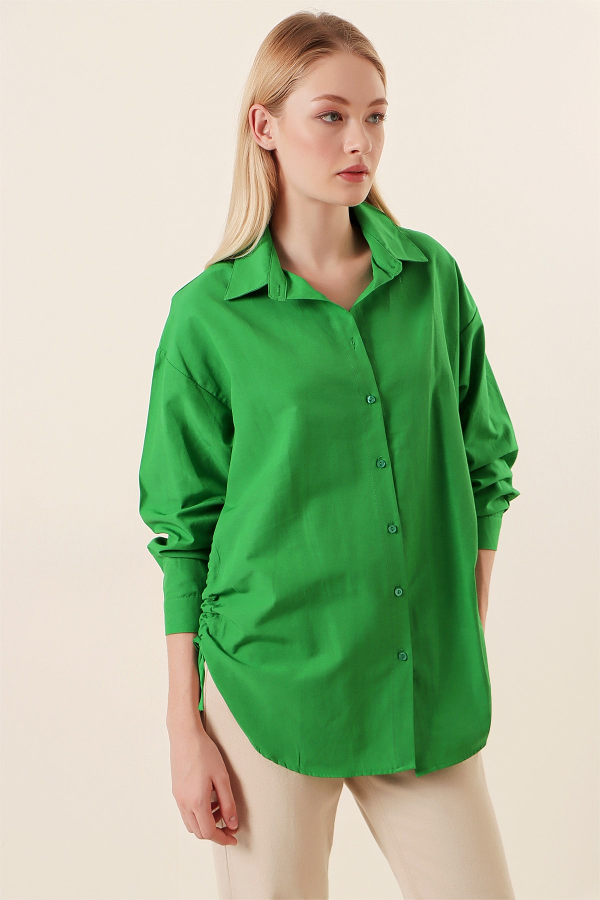 Levně Bigdart 20132 Yarn Gathered Oversize Shirt - Green