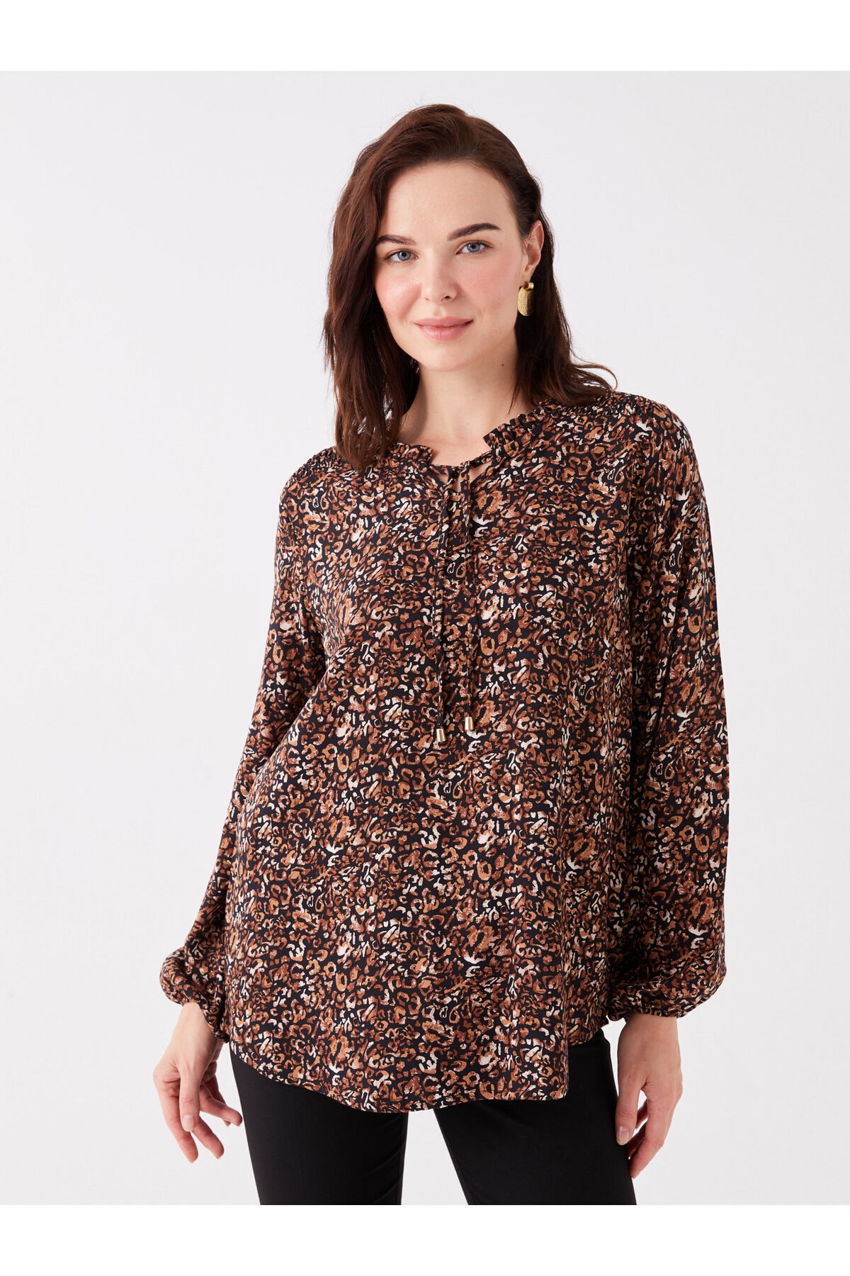 LC Waikiki Women's Pile Collar Patterned Long Sleeve Blouse
