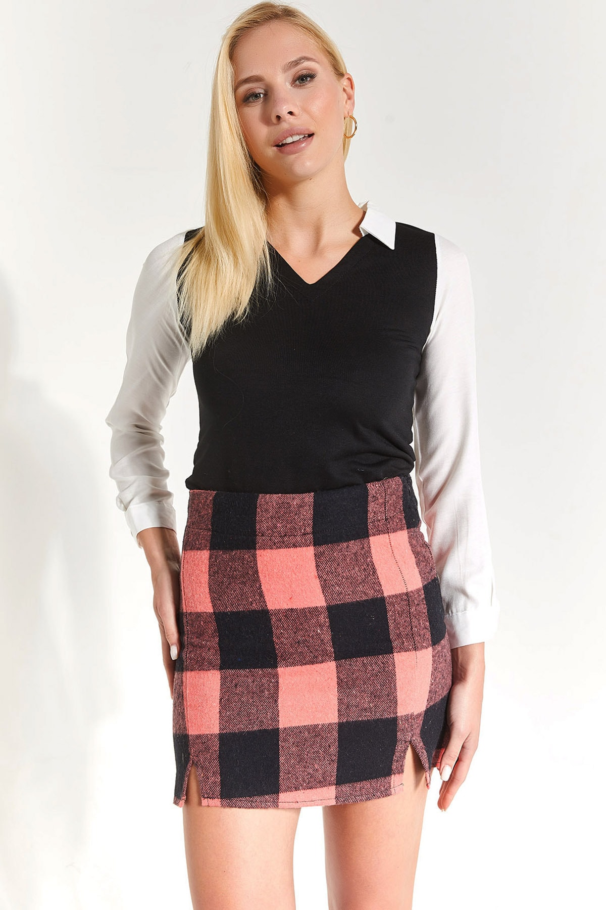 Levně armonika Women's Pink Plaid Pattern Stitched Slit Mini Skirt