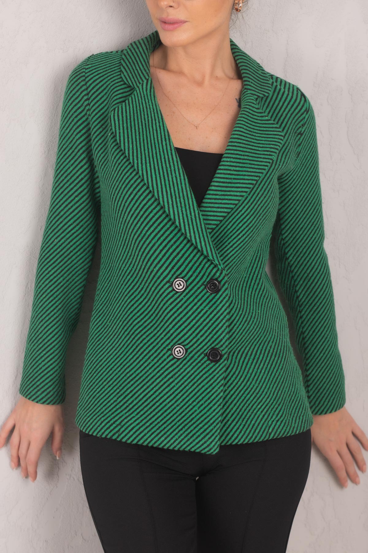 Levně armonika Women's Green Stripe Patterned Four Button Cachet Jacket