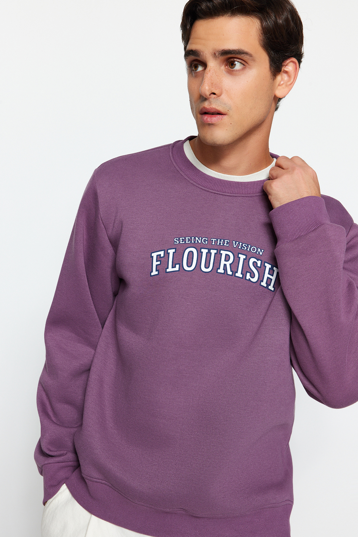 Trendyol Dark Lilac Regular/Normal Cut Text Printed Inside Polar Fleece/Warm Sweatshirt