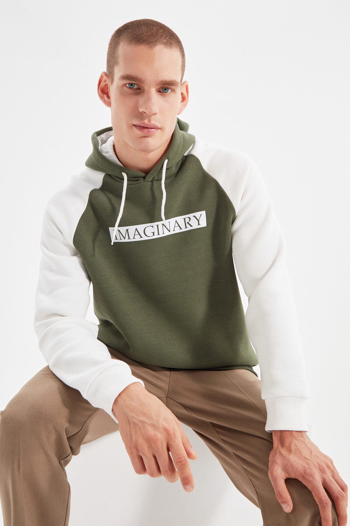 Trendyol Men's Khaki Regular/Normal Fit Motto Printed Fleece Cotton Sweatshirt