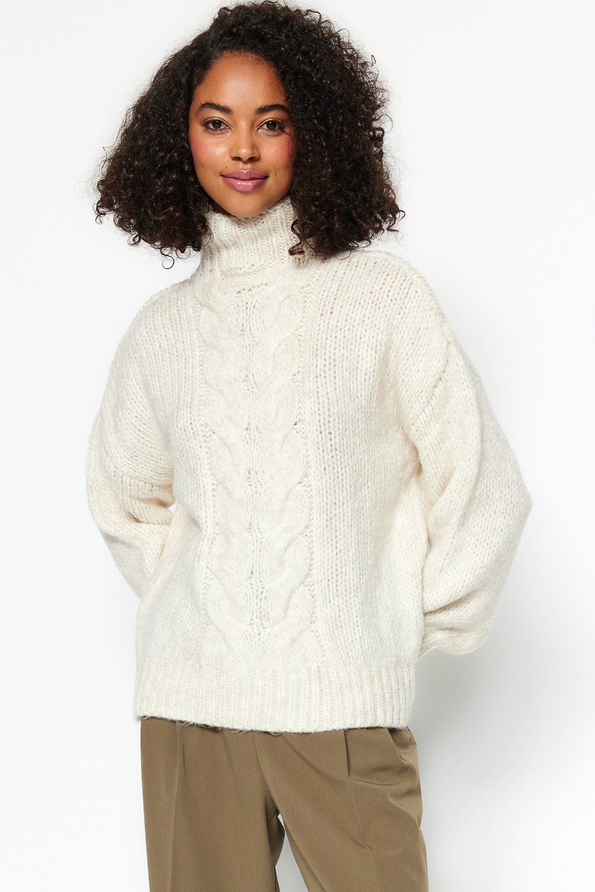 Levně Trendyol béžový pletený svetr s detailem pleteniny