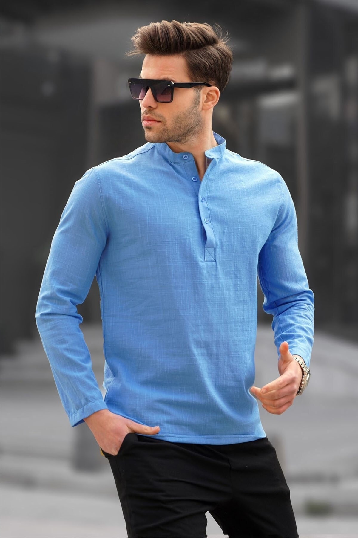 Madmext Blue Linen Men's Regular Fit Shirt 5586