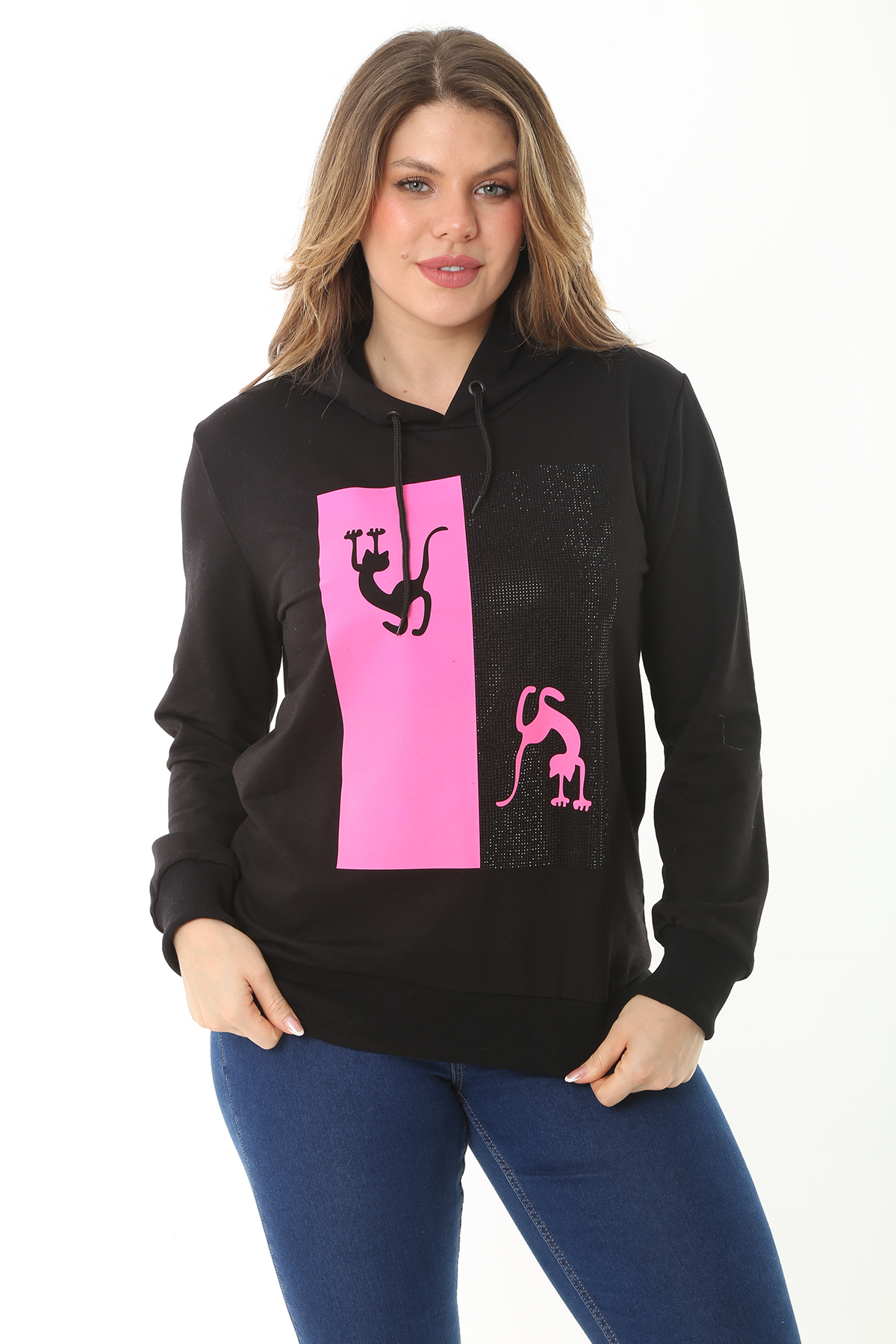 Levně Şans Women's Plus Size Pink Stone And Print Detail Hooded Sweatshirt