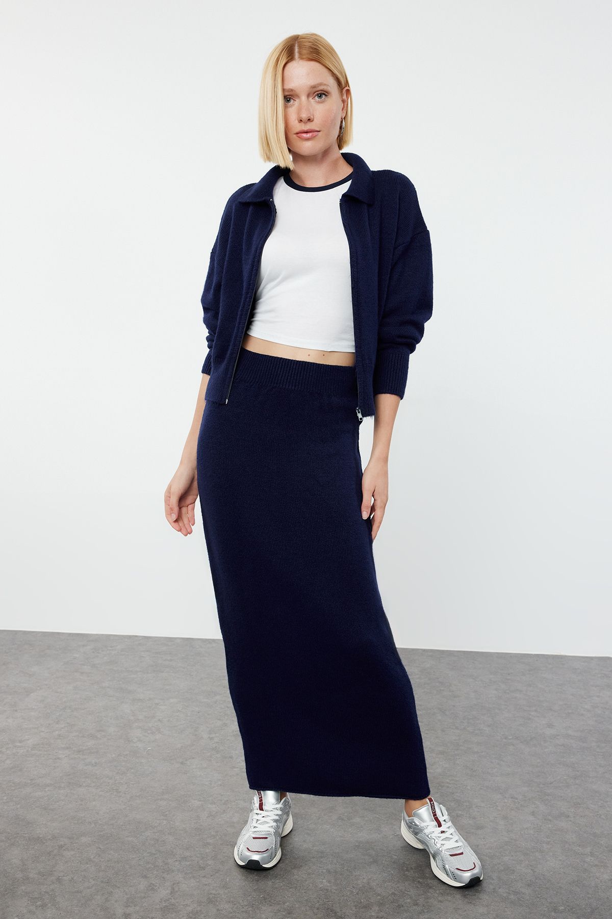 Trendyol Navy Blue Zippered Cardigan-Skirt Knitwear Top-Top Set