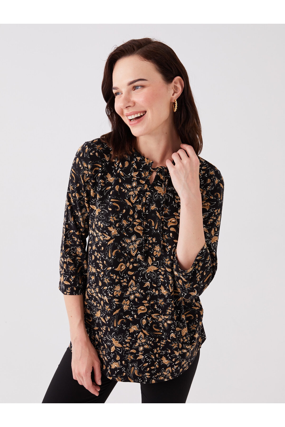 LC Waikiki Women's Pile Collar Patterned Long Sleeve Blouse