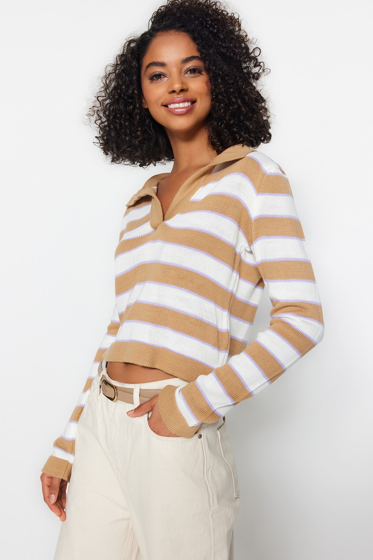 Trendyol Camel Crop Color Block Knitwear Sweater