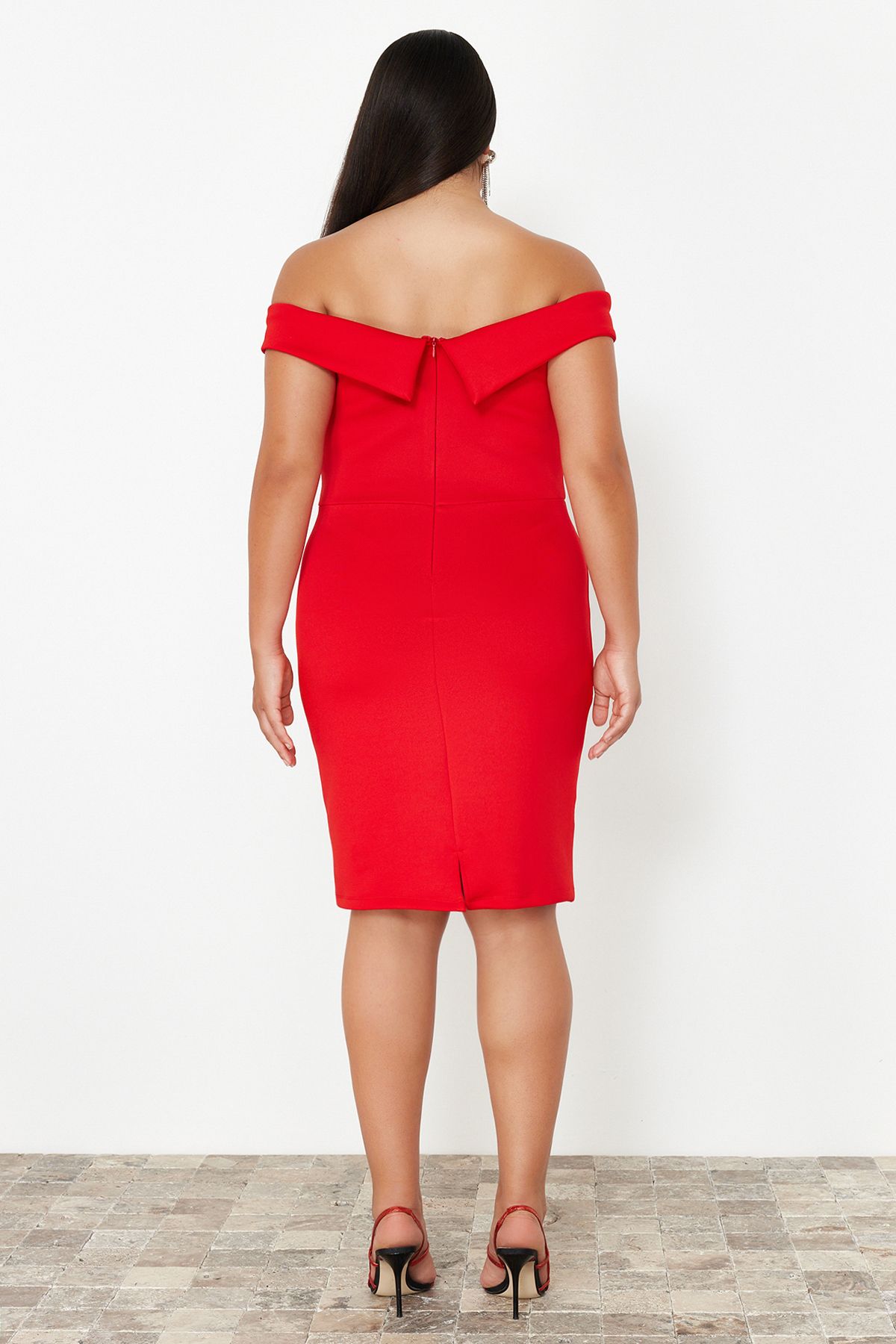Trendyol Curve Red Diving/Scuba Knitted Plus Size Dress