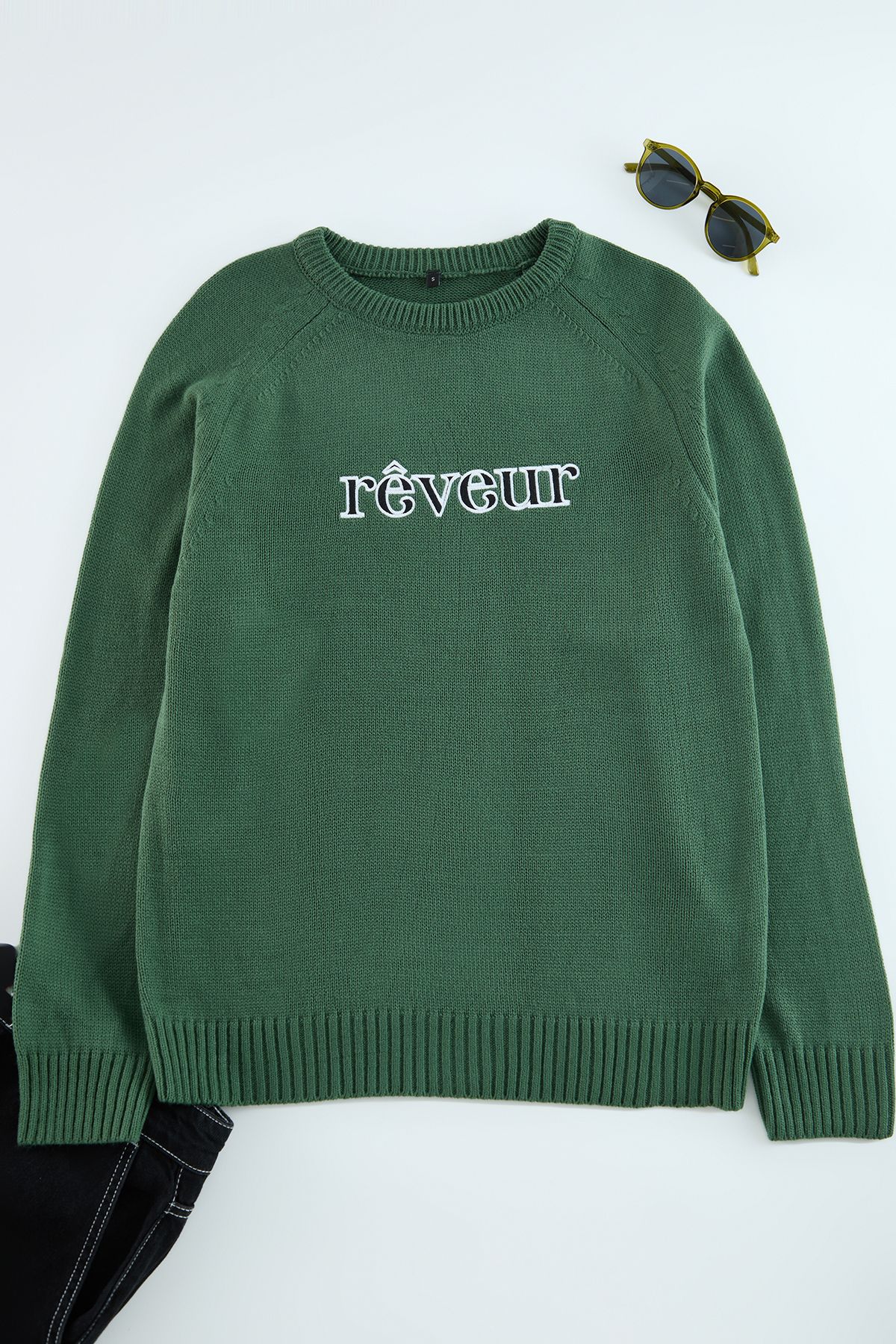 Trendyol Green Regular Crew Neck Slogan Knitwear Sweater