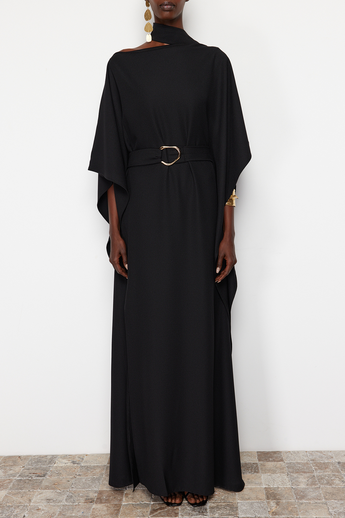 Trendyol Black A-Cut Belt Detailed Woven Long Elegant Evening Dress