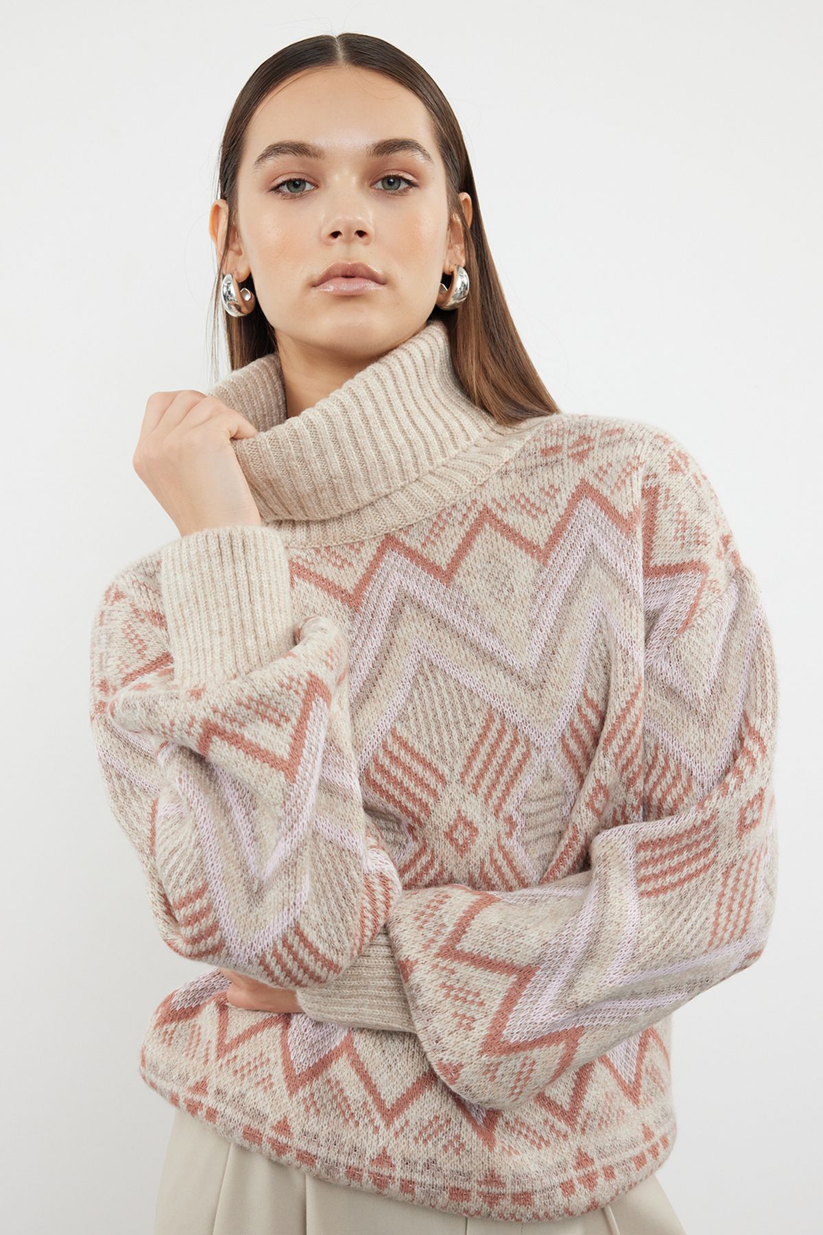 Trendyol Stone Self-Patterned Turtleneck Knitwear Sweater