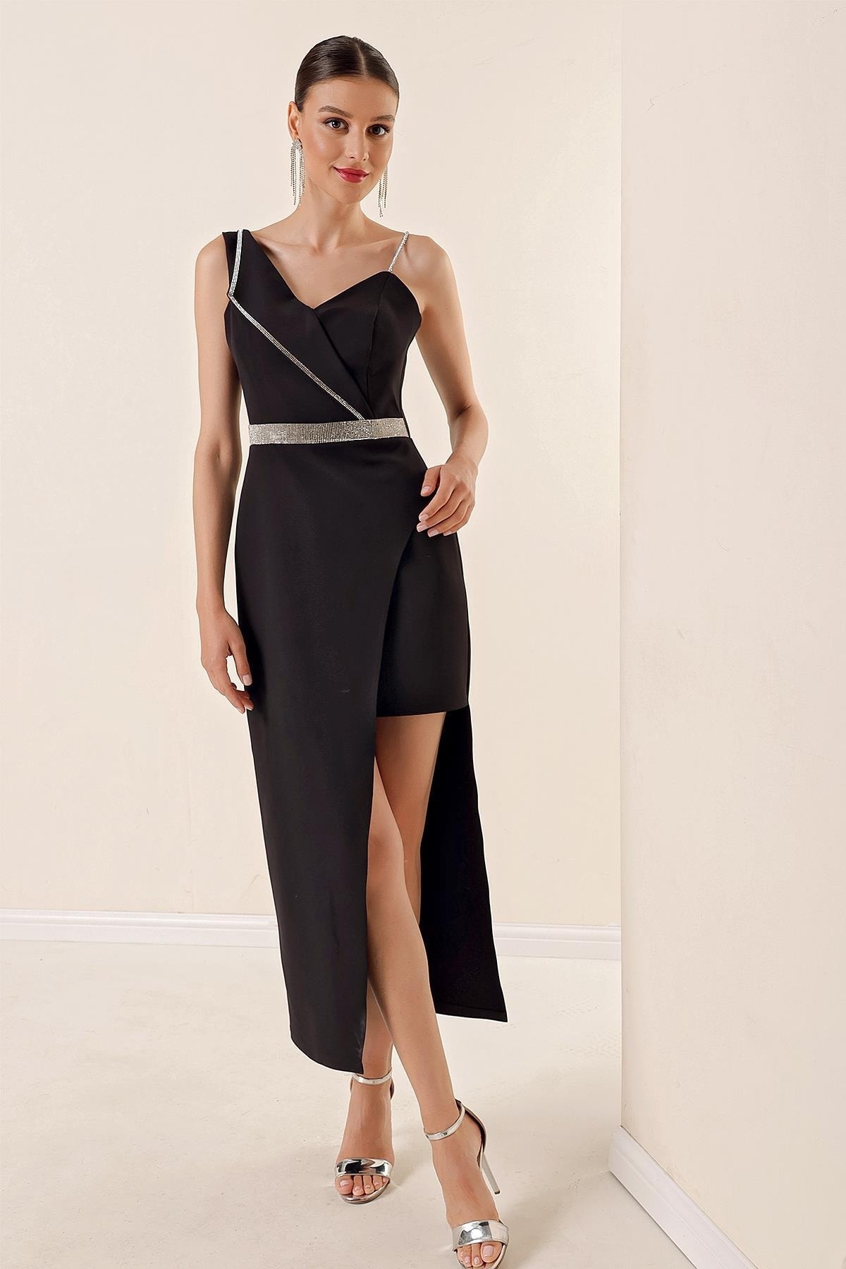 Levně By Saygı One-Shoulder Stone Detailed One Side Short Lined Long Dress Black