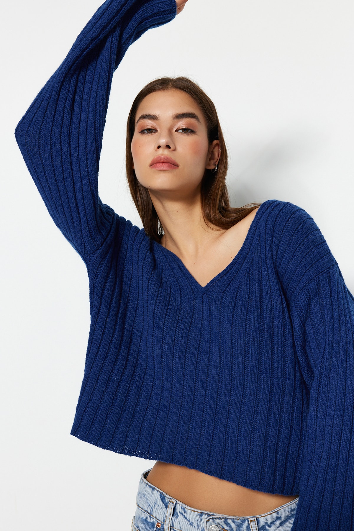 Trendyol Saxe Blue Crop Základní pletený svetr