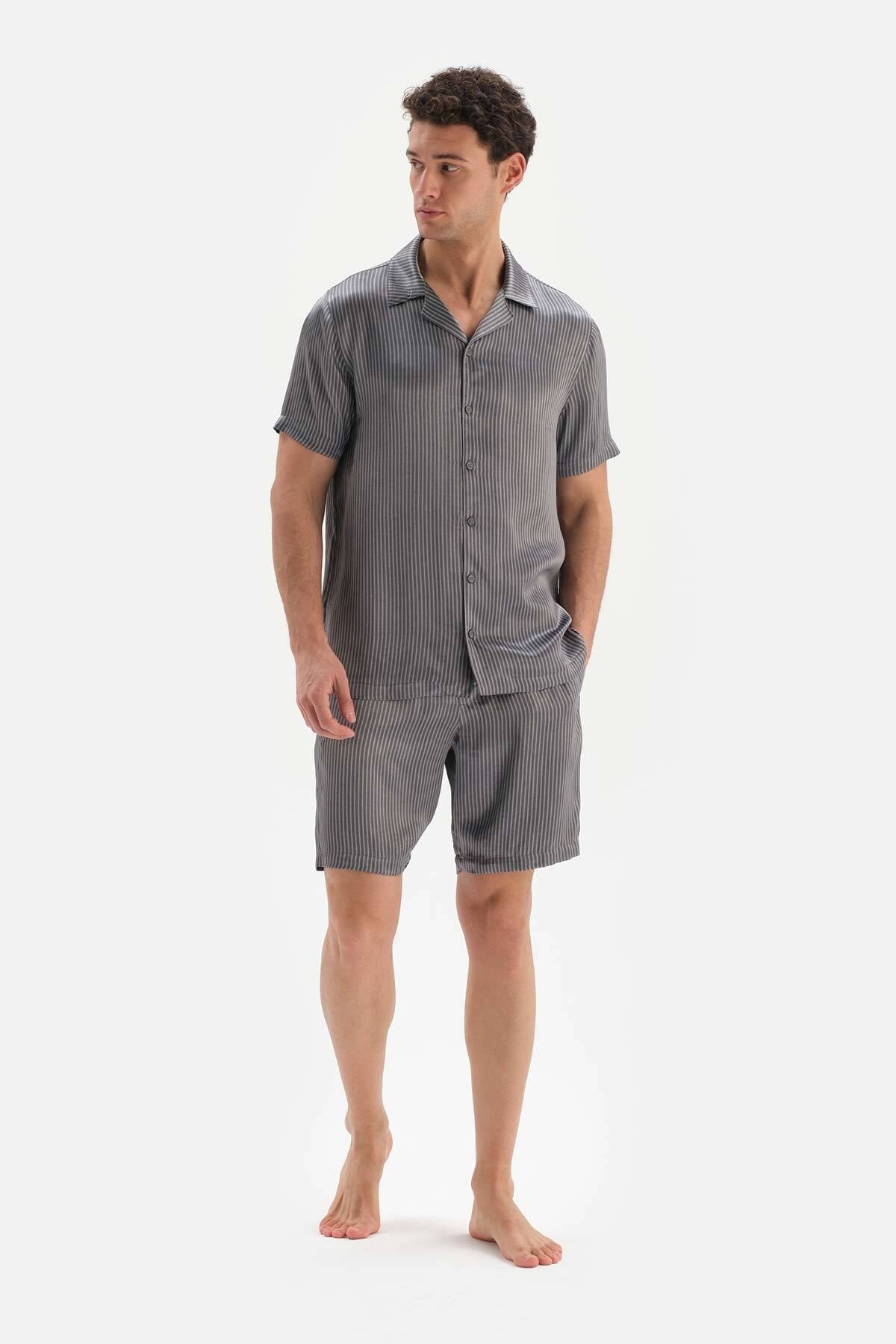 Levně Dagi Gray Short Sleeve Jacquard Satin Groom Pajamas Set