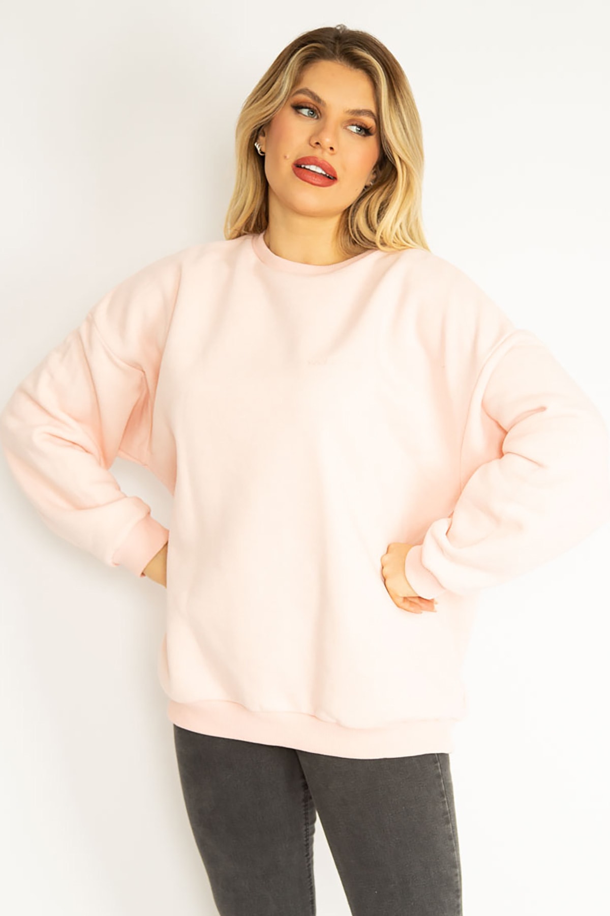 Şans Women's Plus Size Pink 3 Thread Polar Fleece Sweatshirt