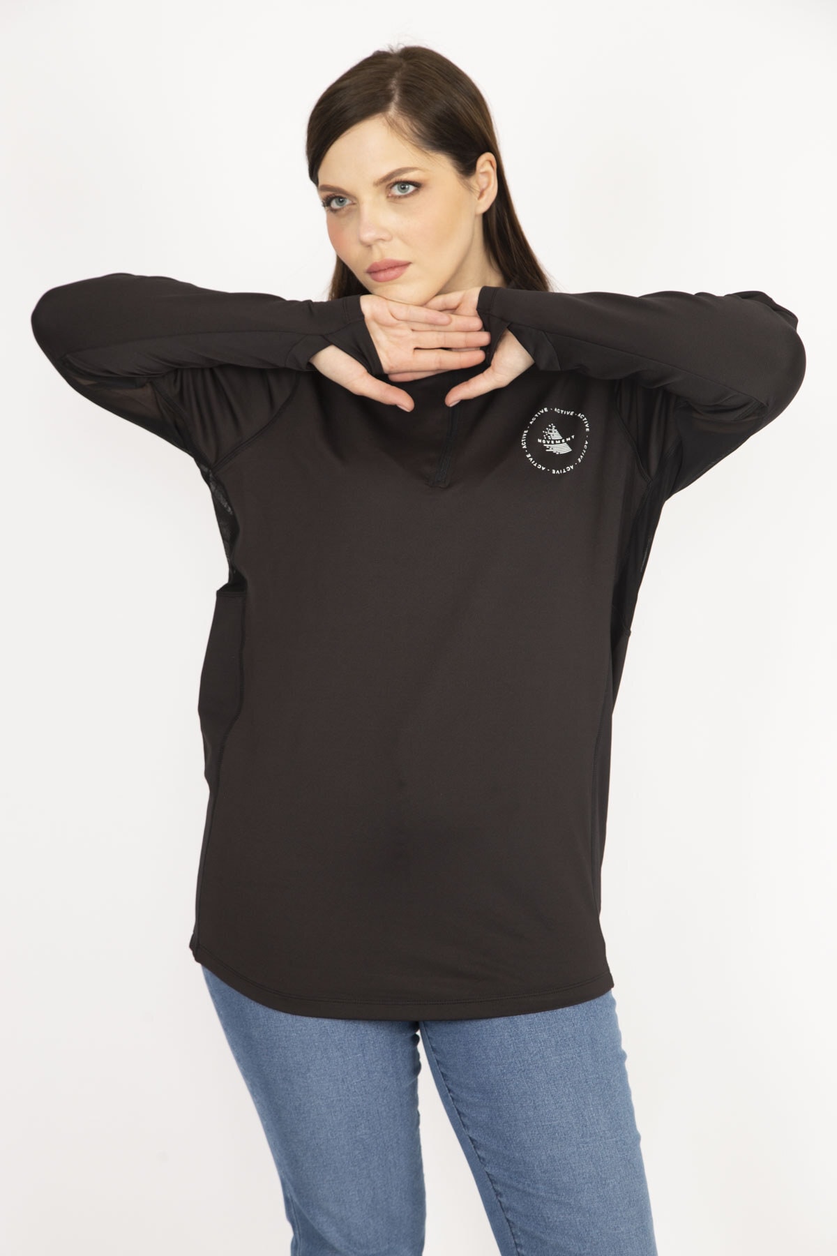 Levně Şans Women's Black Large Size Front Placket Zippered Sweatshirt