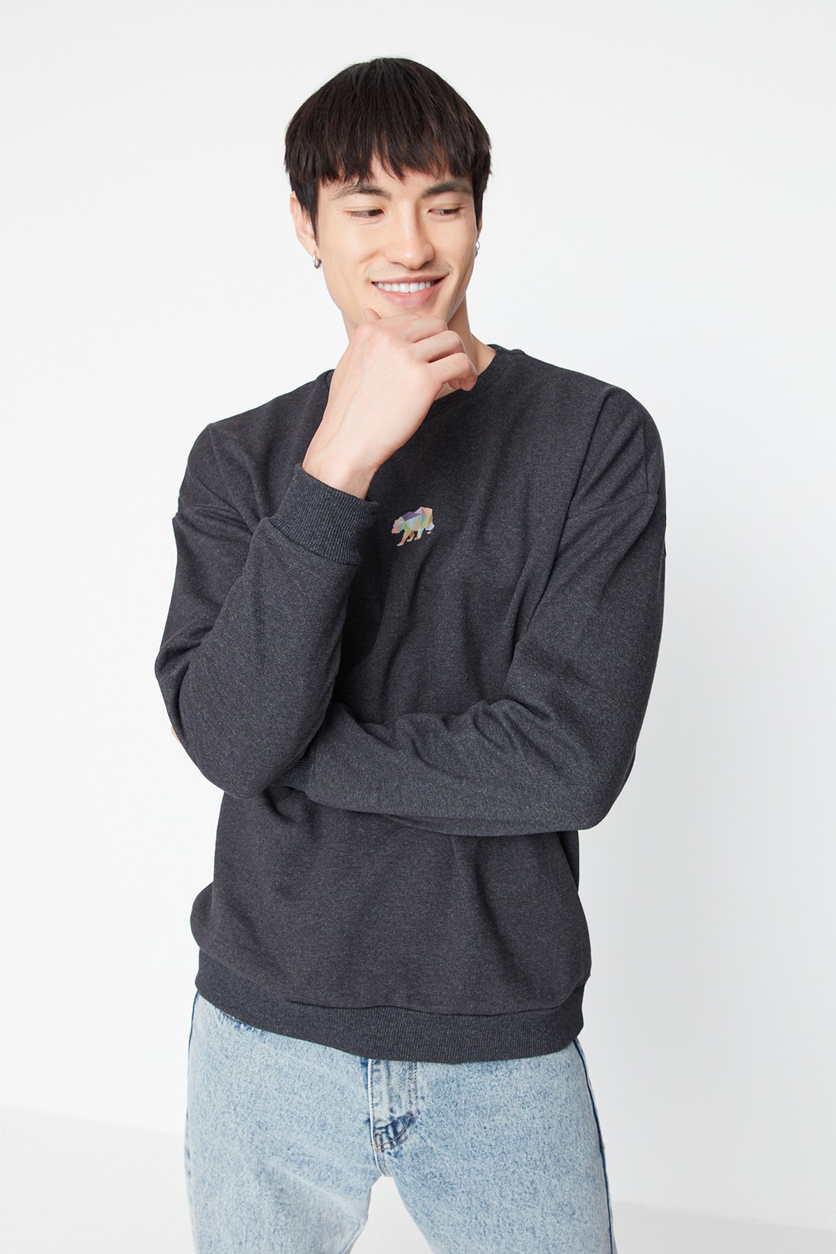 Trendyol Anthracite Men's Oversize Fit Crewneck Embroidery Sweatshirt