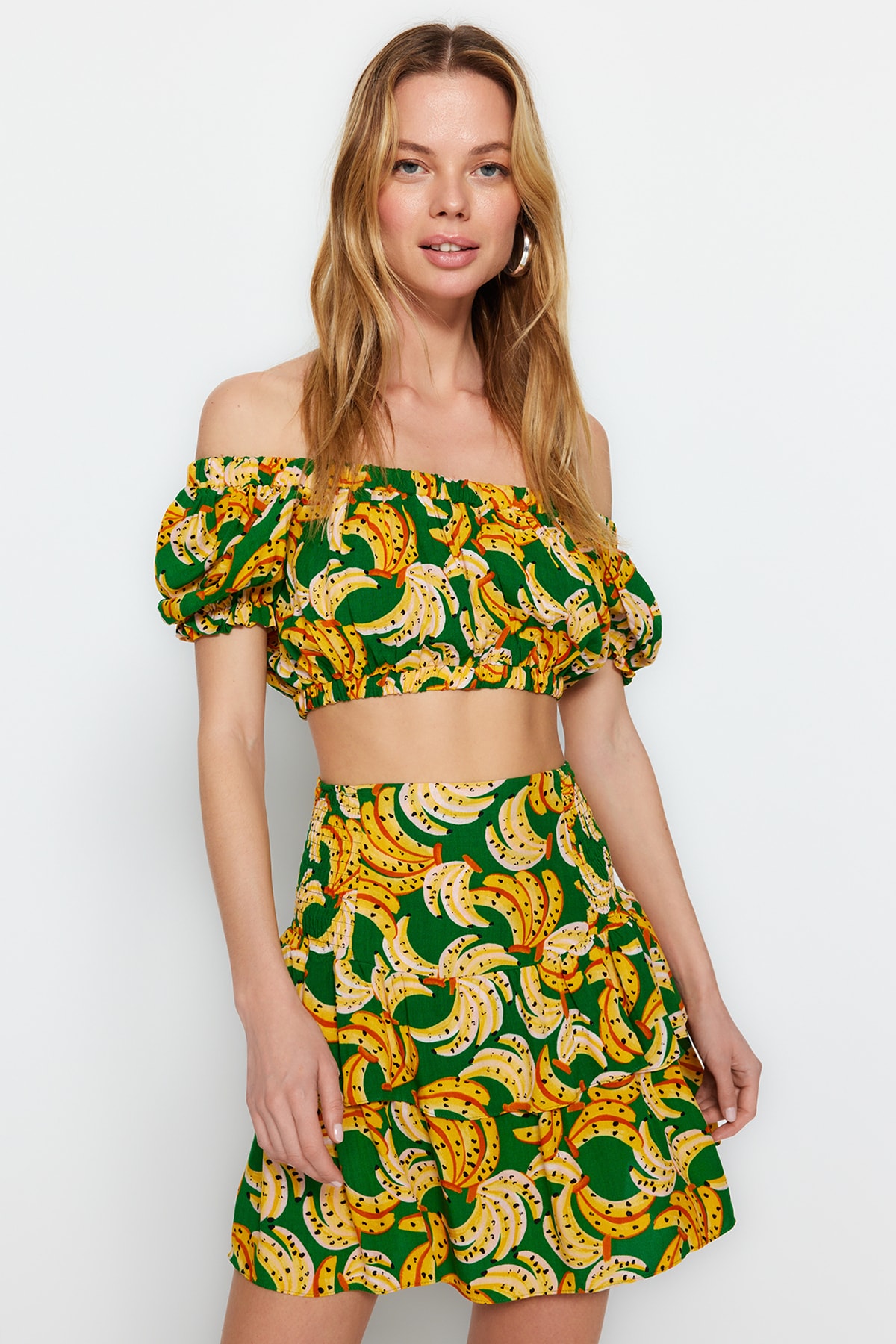 Trendyol Fruit Patterned Woven Ruffle Blouse And Skirt Set