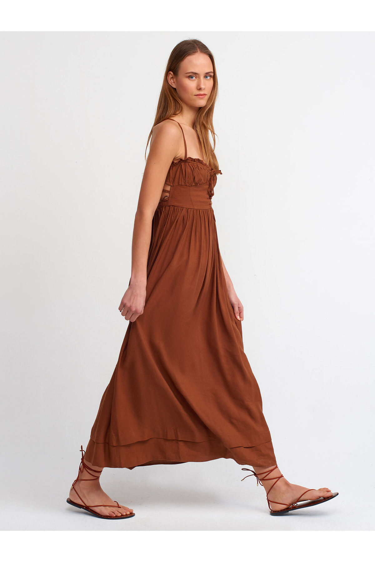 Dilvin 90390 Back Detailed Long Dress-Brown