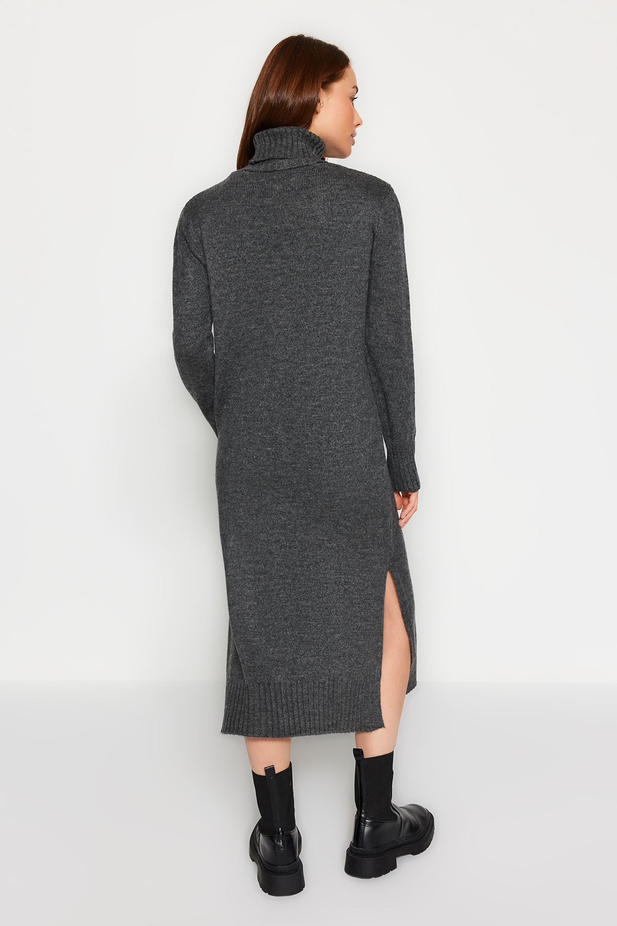 Trendyol Anthracite Midi Knit Wide Pattern Soft Texture Dress