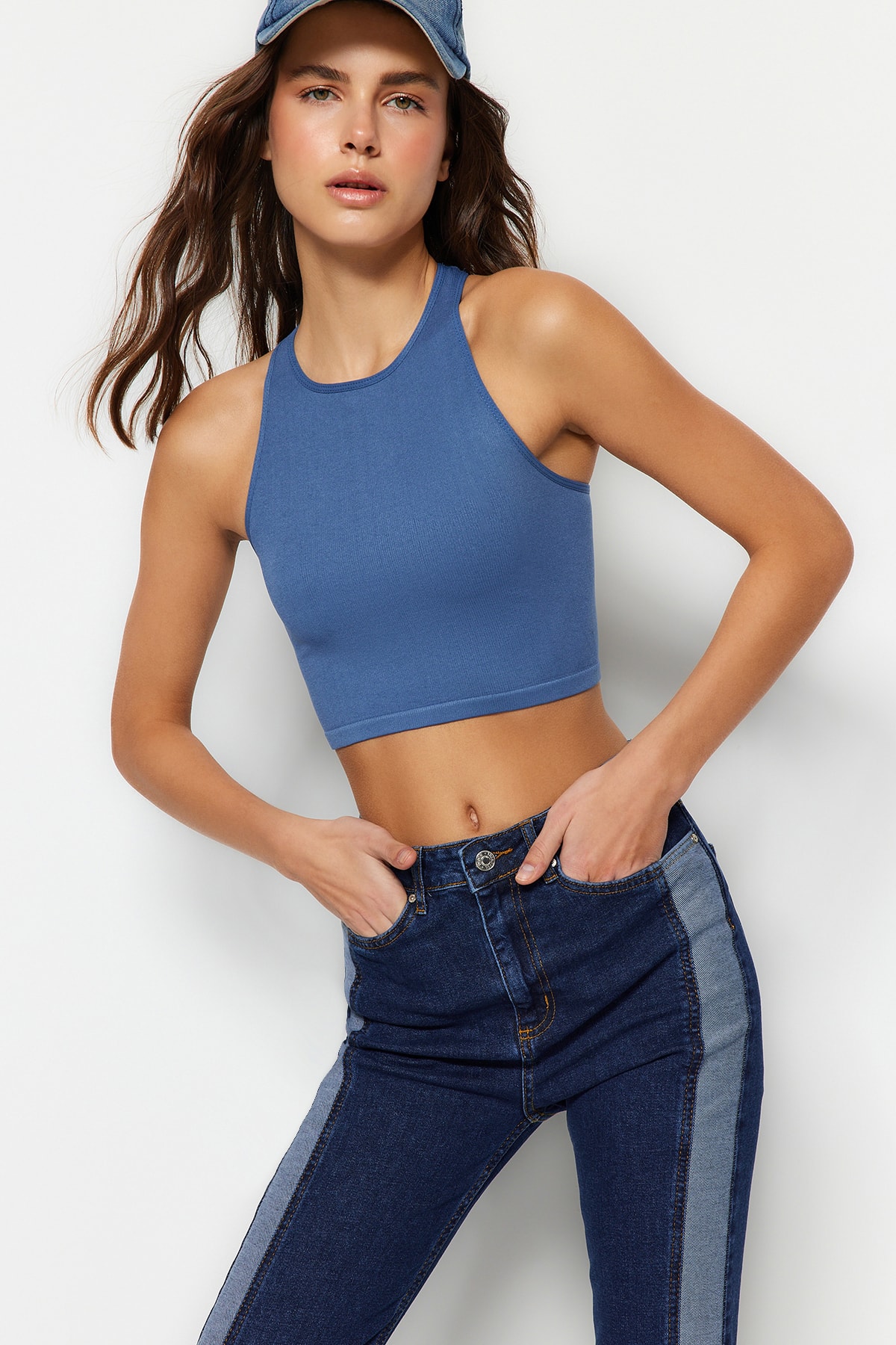 Trendyol Indigo Seamless Fitted Barter Neck Crop Stretch Knitted Blouse