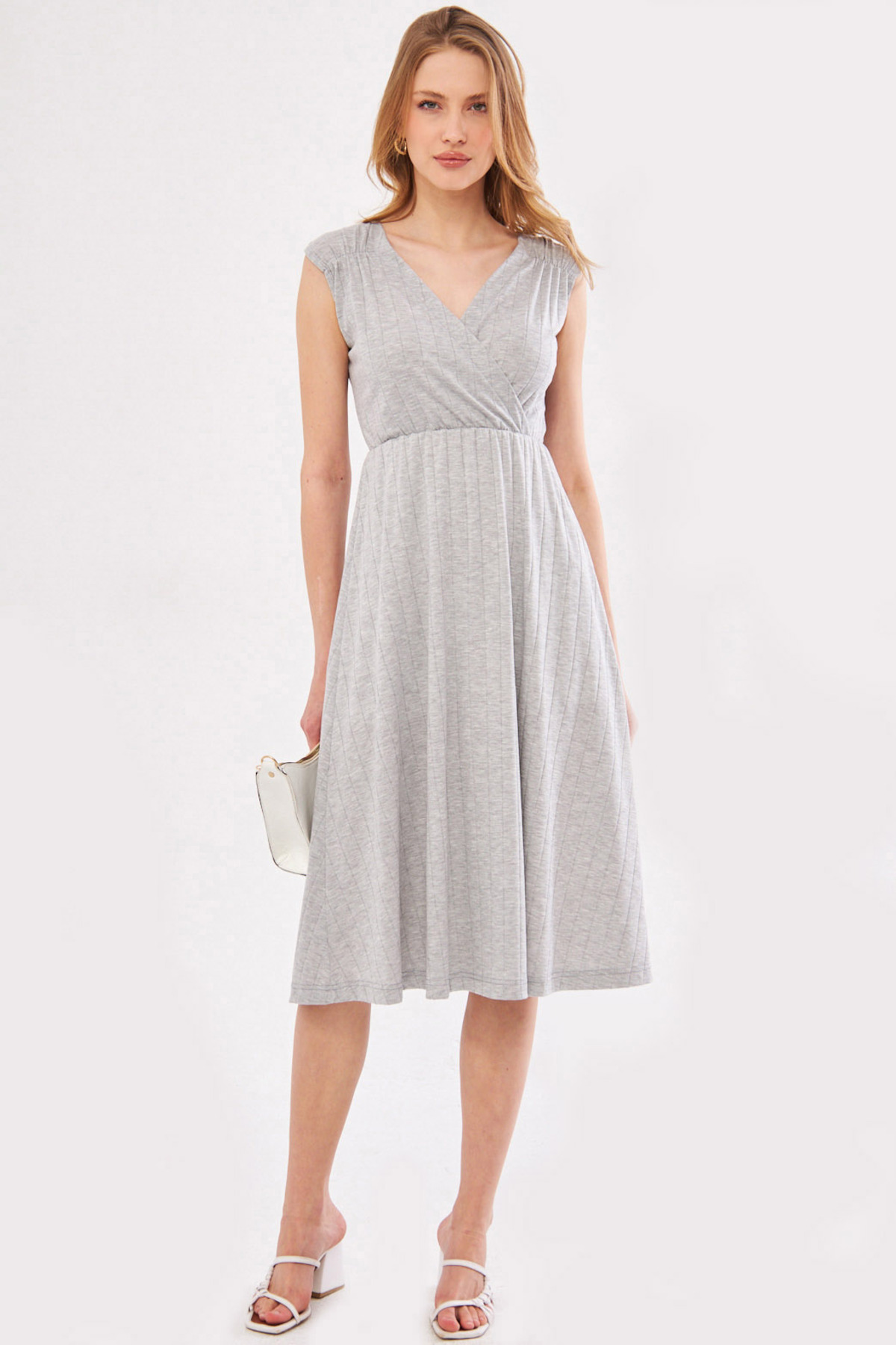 Levně armonika Women's Gray Elastic Waist And Shoulder Skirt Lined Double Breasted Neck Midi Length Dress