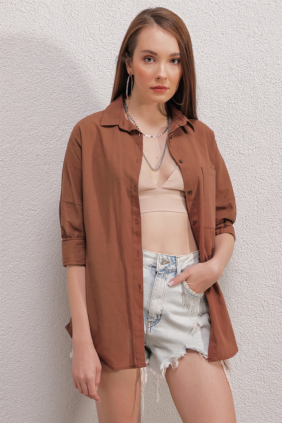 Levně Bigdart 20153 Single Pocket Oversize Linen Shirt - Brown