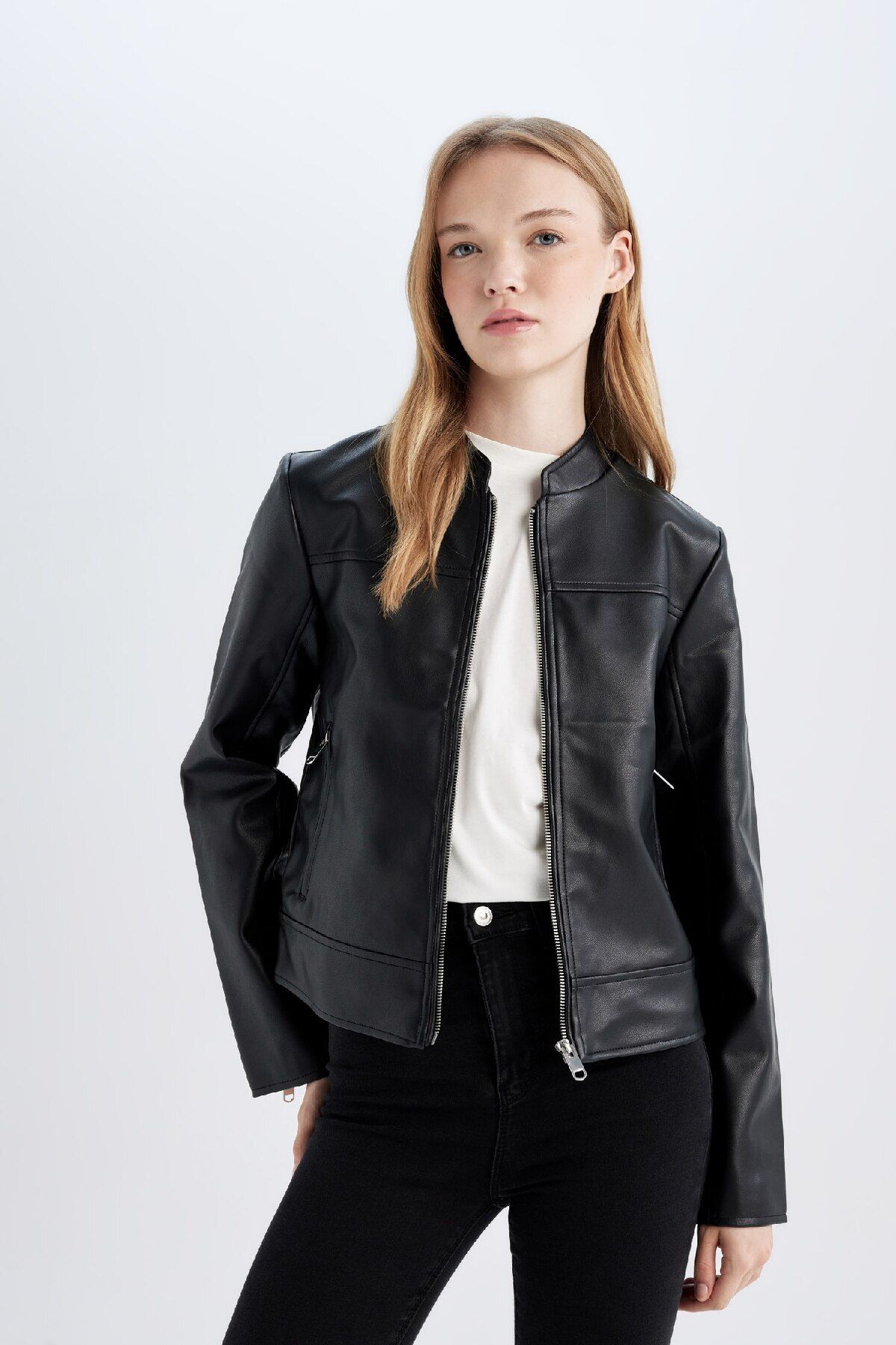 DEFACTO Regular Fit Zippered Pocket Black Faux Leather Jacket