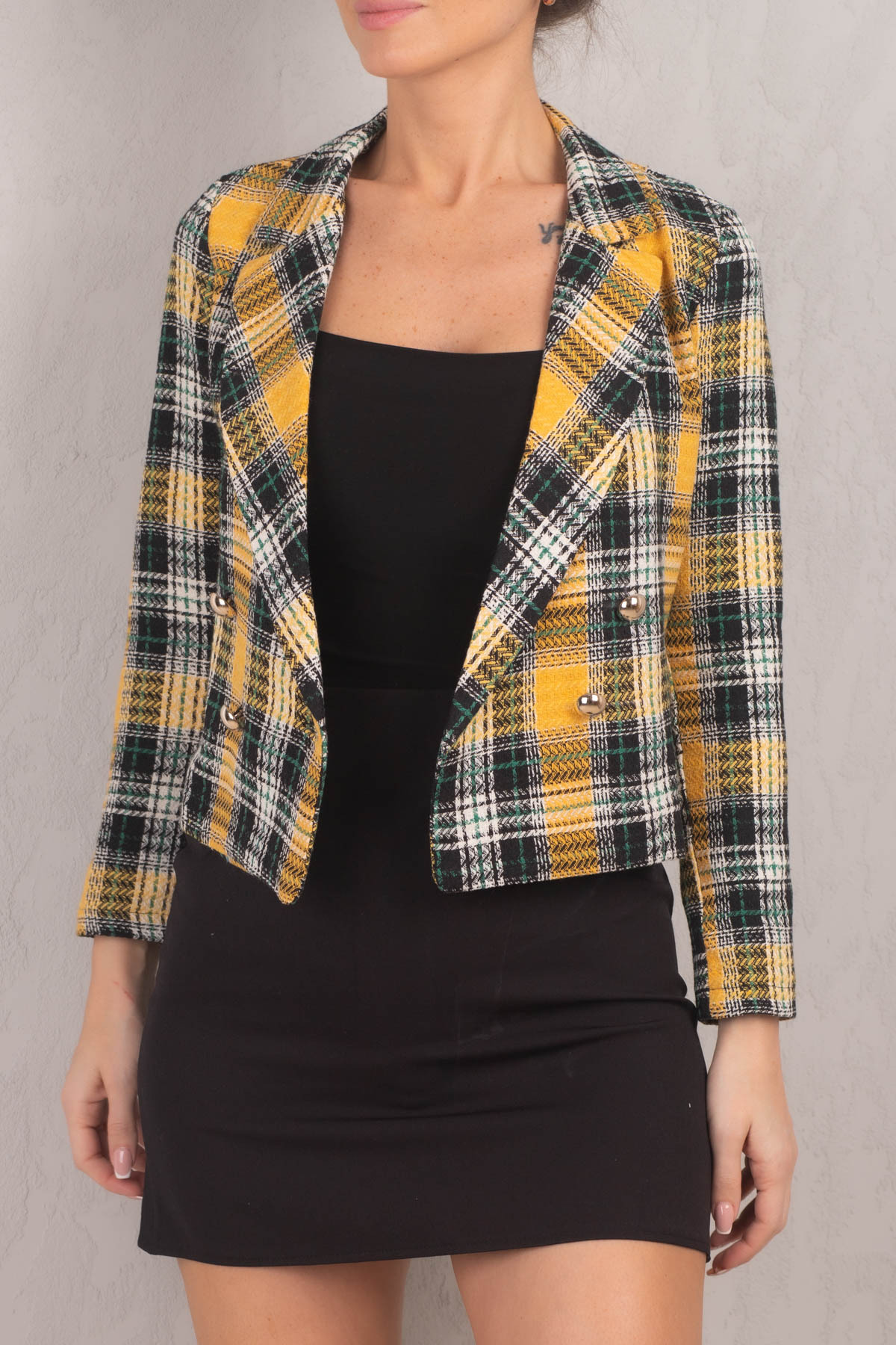 Levně armonika Women's Yellow Double Breasted Collar Tweed Crop Jacket