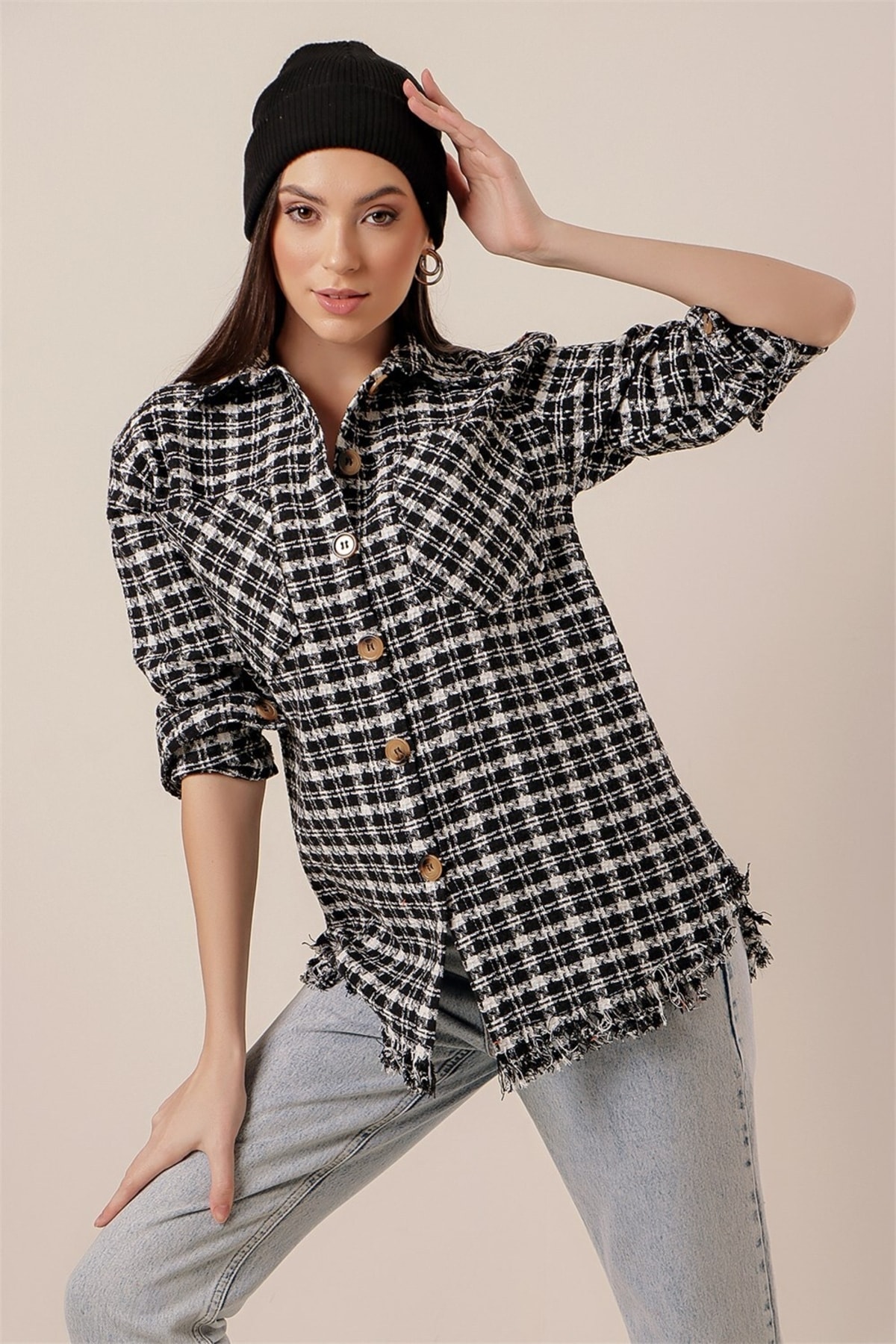 By Saygı Shanel Checkered Shirt with Tassels Skirt Black
