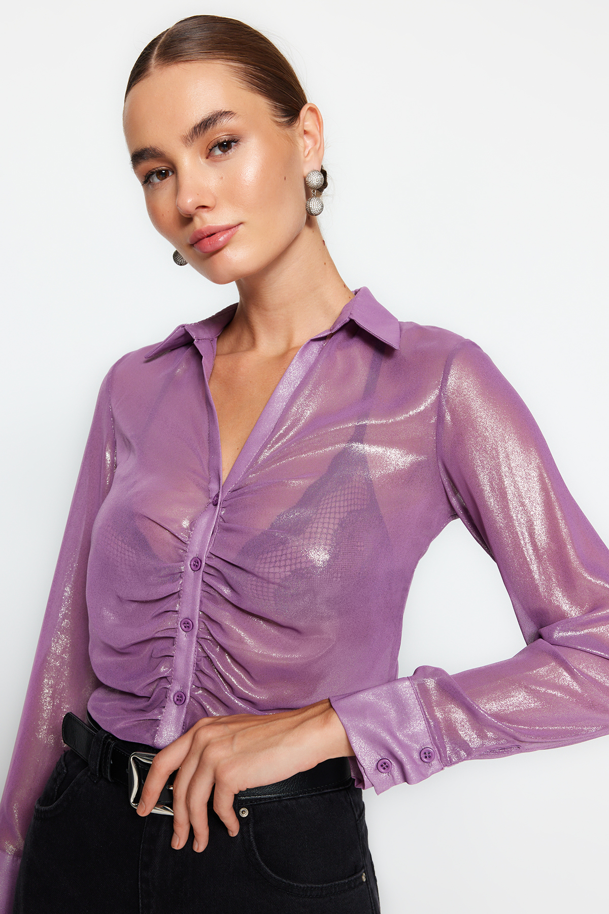 Levně Trendyol Lilac Gathered Shiny Transparent Woven Shirt