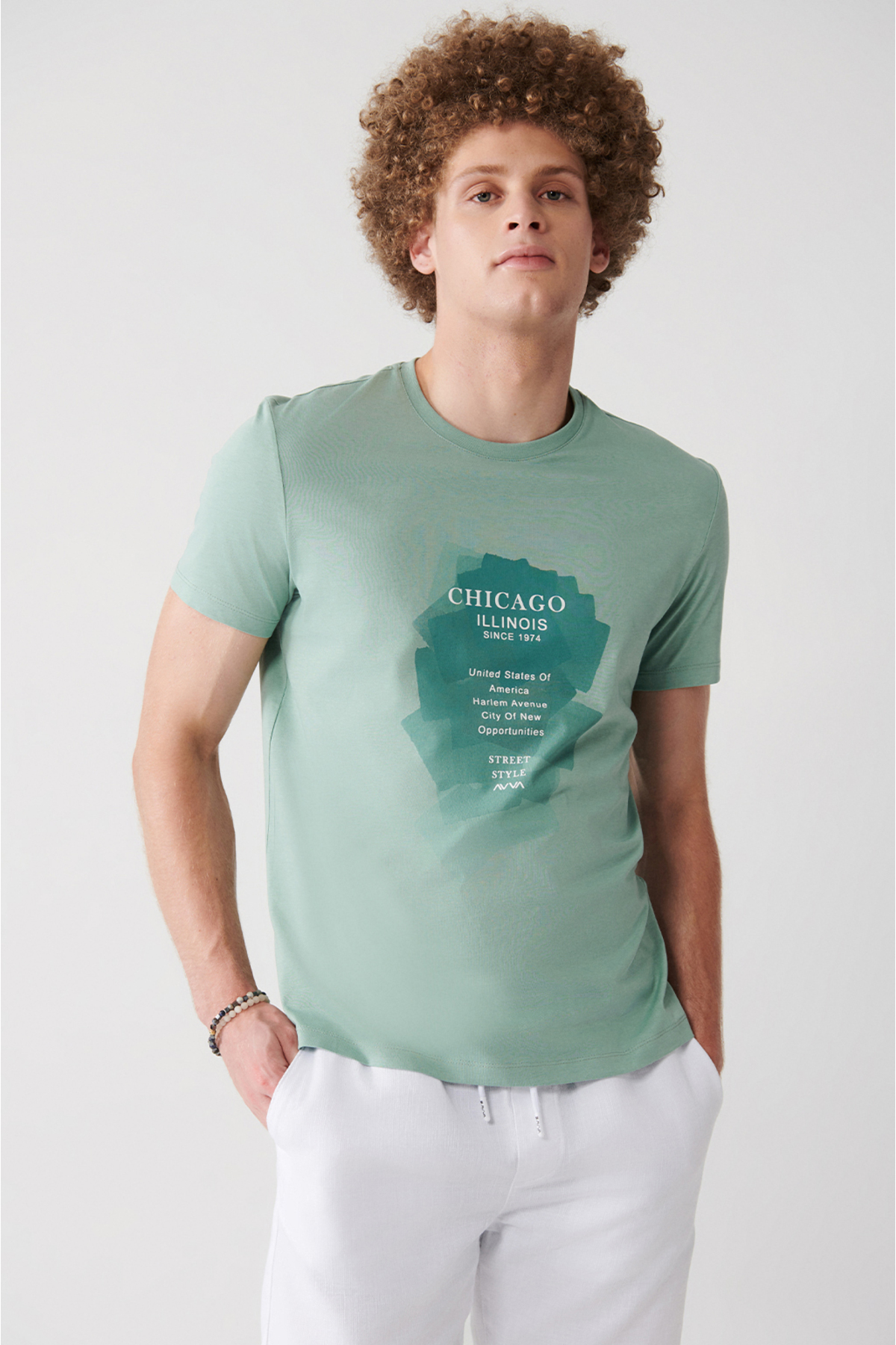 Avva Men's Aqua Green 100% Cotton Crew Neck Printed Comfort Fit Relaxed Cut T-shirt