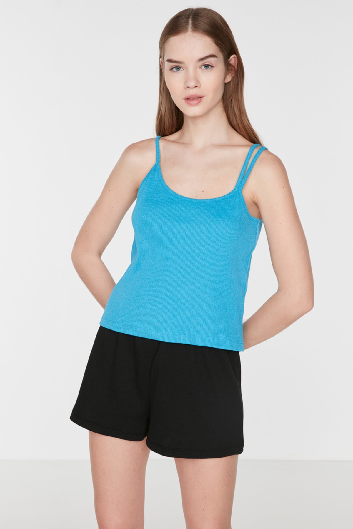 Trendyol Turquoise Asymmetrical Collar Corduroy Knitted Blouse