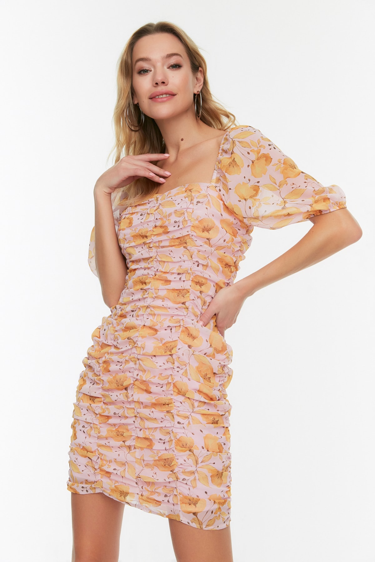 Trendyol Lilac Drape Detailed Floral Print Dress