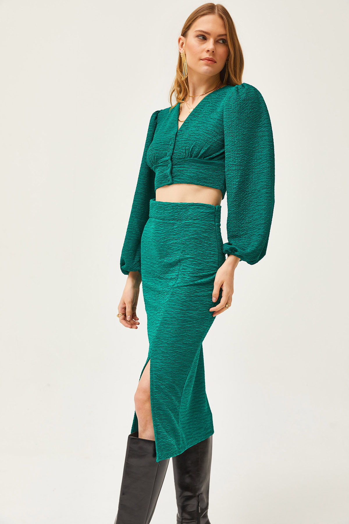 Olalook Women's Petrol Green Slit Skirt Knitted Suit