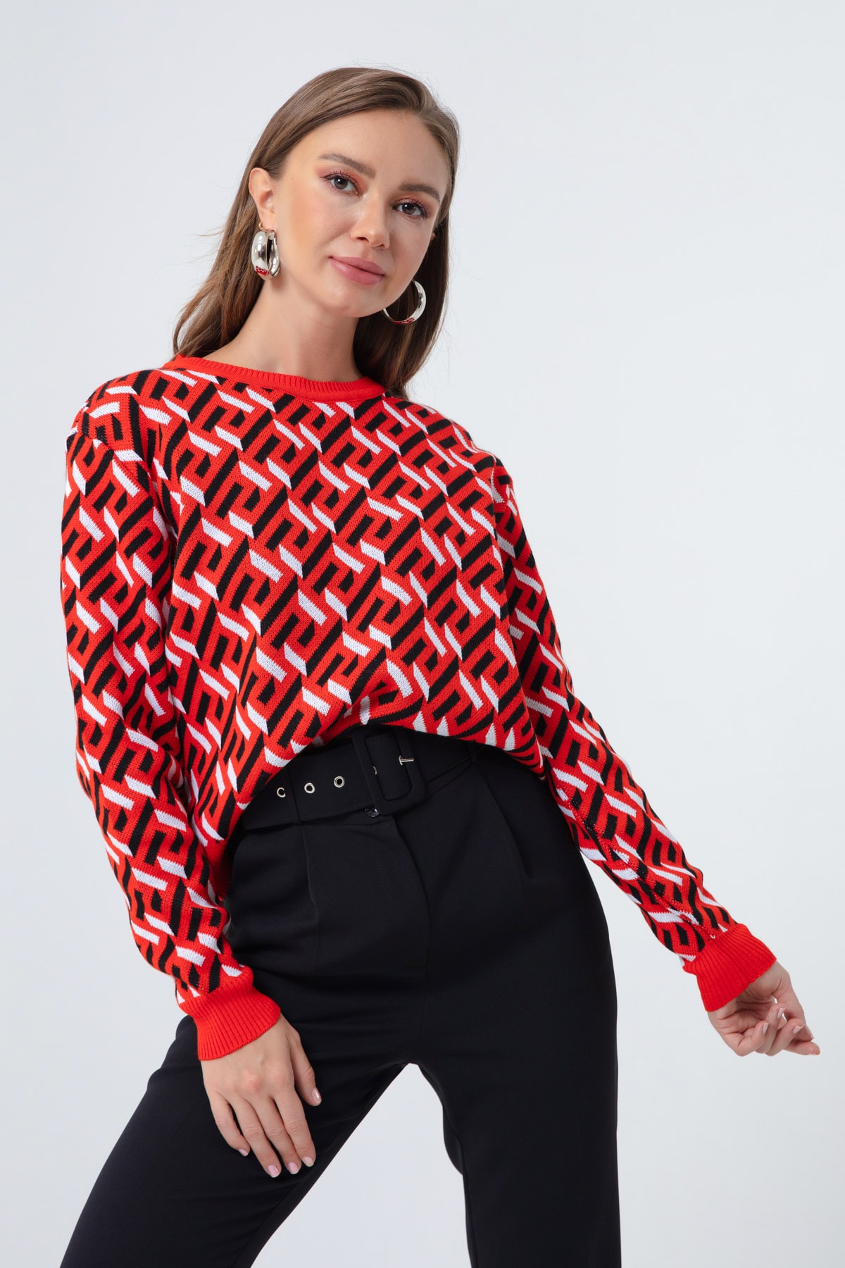 Lafaba Women's Red Crew Neck Patterned Knitwear Sweater