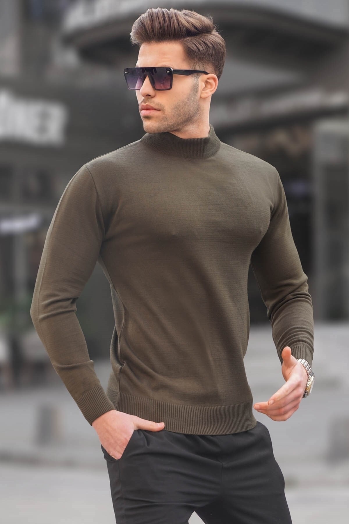 Levně Madmext Khaki Slim Fit Half Turtleneck Men's Knitwear Sweater 6343