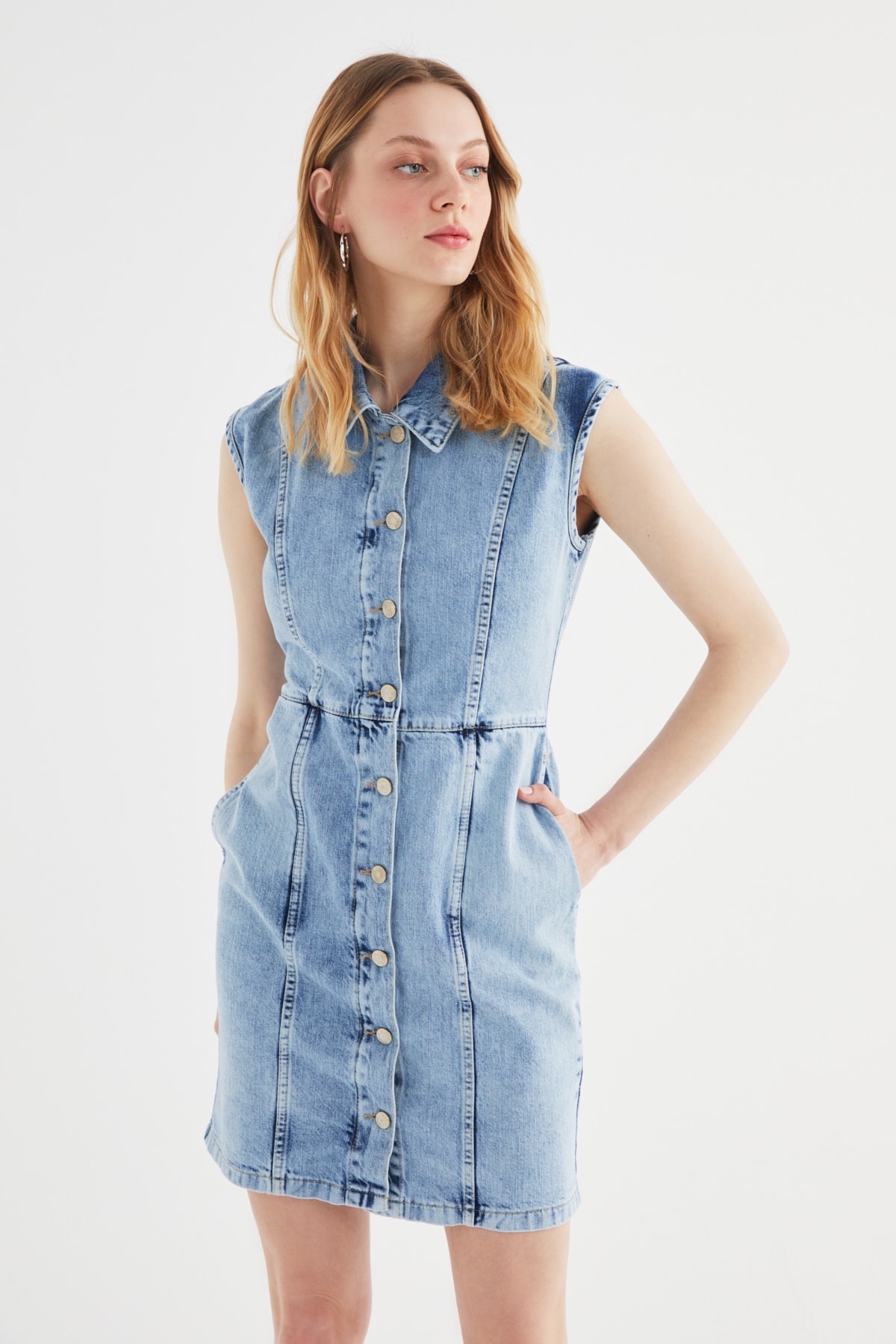 Trendyol Blue Stitching Detail Denim Dress With Buttons In The Front