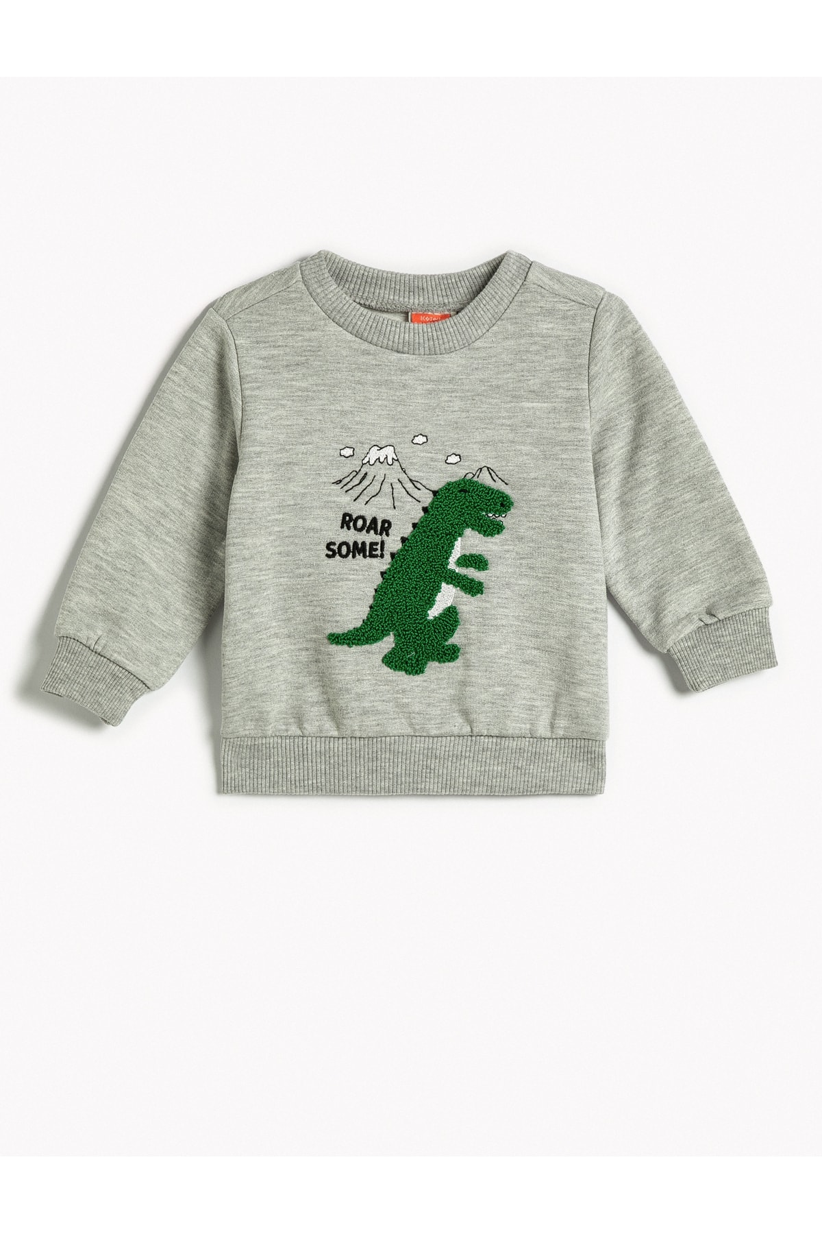 Koton Sweatshirt Dinosaur Plush Appliqued Detailed Crewneck Flannel Collar.